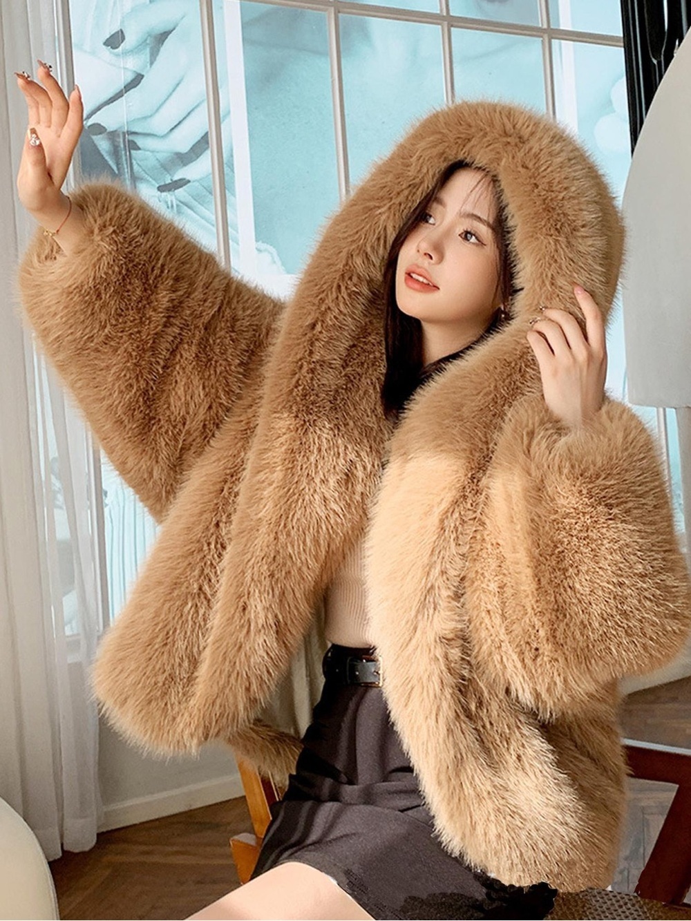 Luxury Oversized Faux Fur Hooded Coat | Plush Winter Jacket | Camel Beige - M - Picture 5 of 13